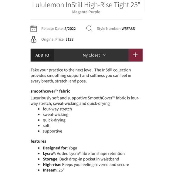 Lululemon InStill high rise leggings magenta purple 6 - Picture 2 of 9